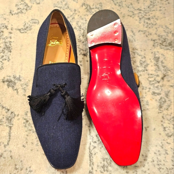 New Christian Louboutin Men's Navy Loafers with Red Sole Size 42 / US 9